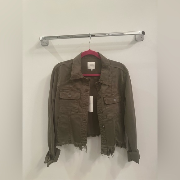 Hidden Olive Green Denim Jacket Large NWT Distressed Frayed Hem Raw Edge - Picture 1 of 7